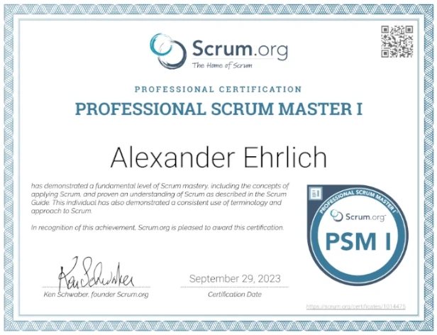 Professional Scrum Master I – Zertifikat von Alexander Ehrlich