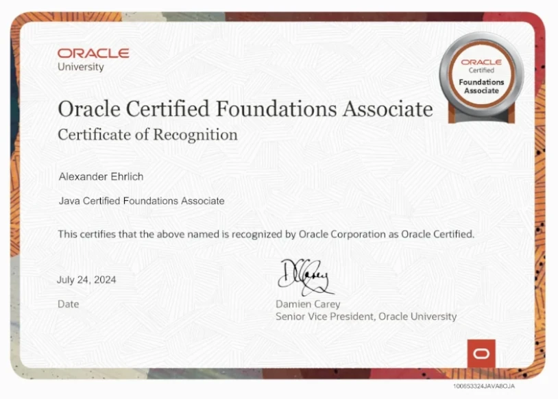 Java Foundations Associate – Zertifikat von Alexander Ehrlich