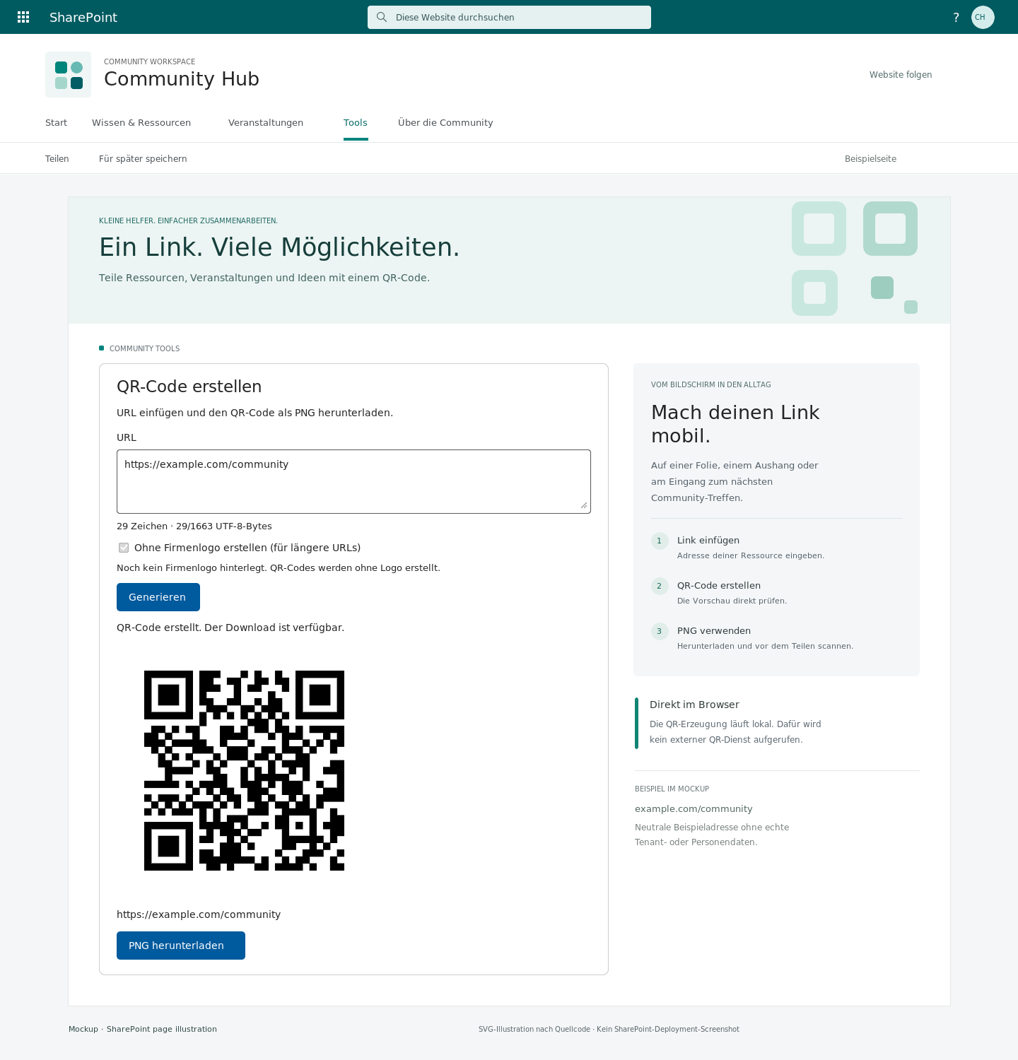 Mockup des SharePoint-QR-Code-Generators mit URL-Eingabe, QR-Code-Vorschau und PNG-Download